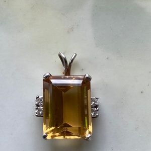 14k White Gold Art Deco golden Citrine Diamond Pendant